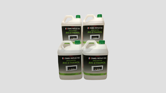 Four containers of bio ethanol on a gray background