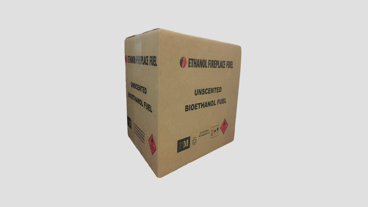 Cardboard box of Ethanol Fireplace Fuel on a white background