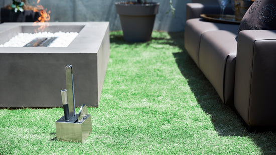 ecosmart accessory holder in outdoor space with fireplace