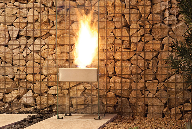 Naked Flame Biofuel Fireplaces NZ - Ecosmart - Tall Glass Fire Against Rock Wall