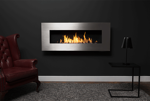 Naked Flame Biofuel Fireplaces NZ - Icon Fires - Steel Wall Hung with Chair & Lamp