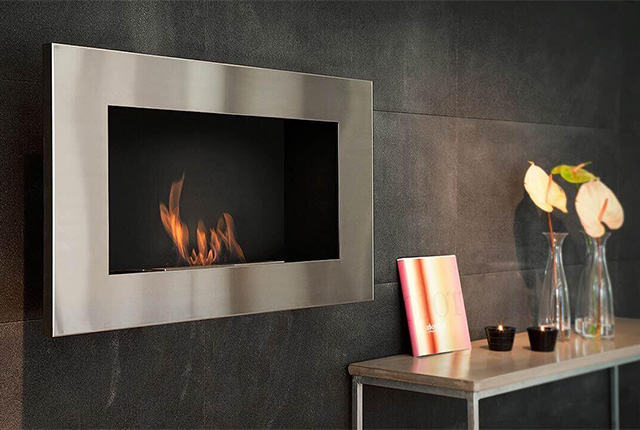 Naked Flame Biofuel Fireplaces NZ - Vauni - Mounted Chrome Frame Fire On Grey Wall