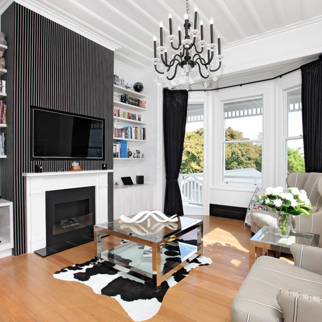 Fireplace Design Inspiration - Mantle With Black & White Striped Feature Wall