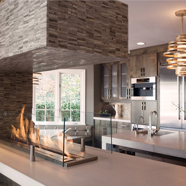 Fireplace Design Inspiration - Fire Built into Kitchen Bench Top