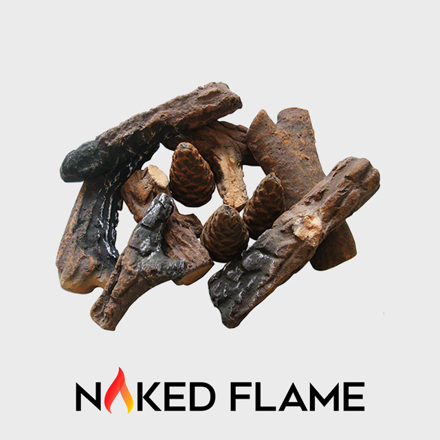 NZ Bioethanol Naked Flame -  9 Piece Pine Decorative Fireplace Log Set with Pinecones
