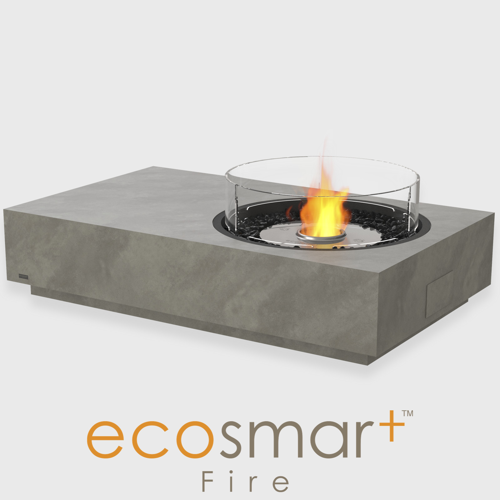 NZ Bioethanol Naked Flame - Grey Rectangle Fire Table With Black Pebbles & Round Screen