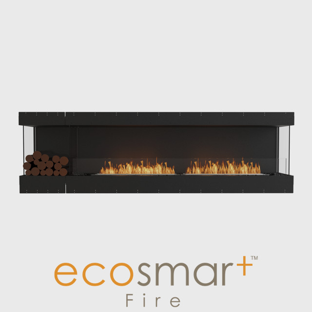 NZ Bioethanol Naked Flame - Black Built-in Bay Wide Fireplace Firebox With Decorative Logs