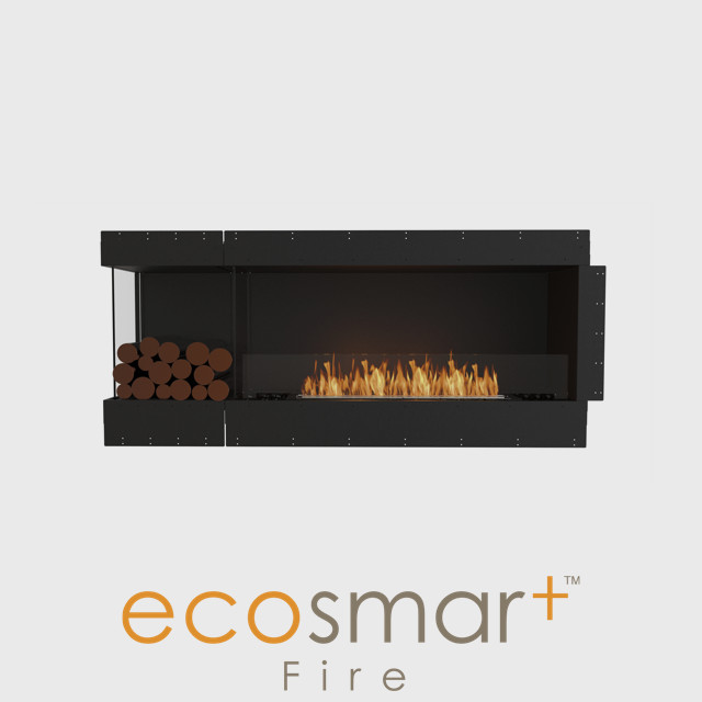 NZ Bioethanol Naked Flame - Black Built-in Left Corner Wide Fireplace Firebox With Decorative Logs