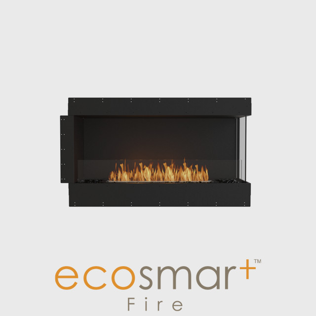 NZ Bioethanol Naked Flame - Black Built-in Right Corner Wide Fireplace Firebox With Decorative Logs