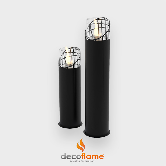 NZ Bioethanol Naked Flame - 2  Black Tall Sleek Free Standing Cylinder Fireplaces With Decorated Screens