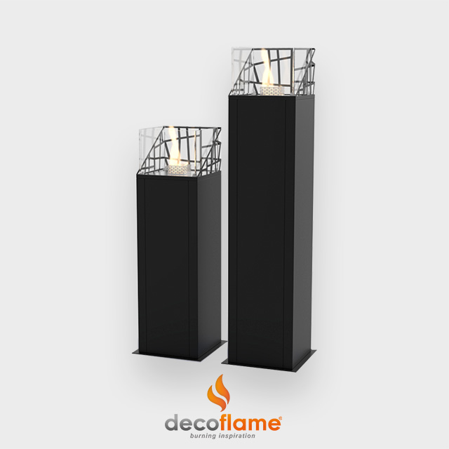 NZ Bioethanol Naked Flame - 2 Black Tall Sleek Free Standing Tower Fireplace With Decorated Screens
