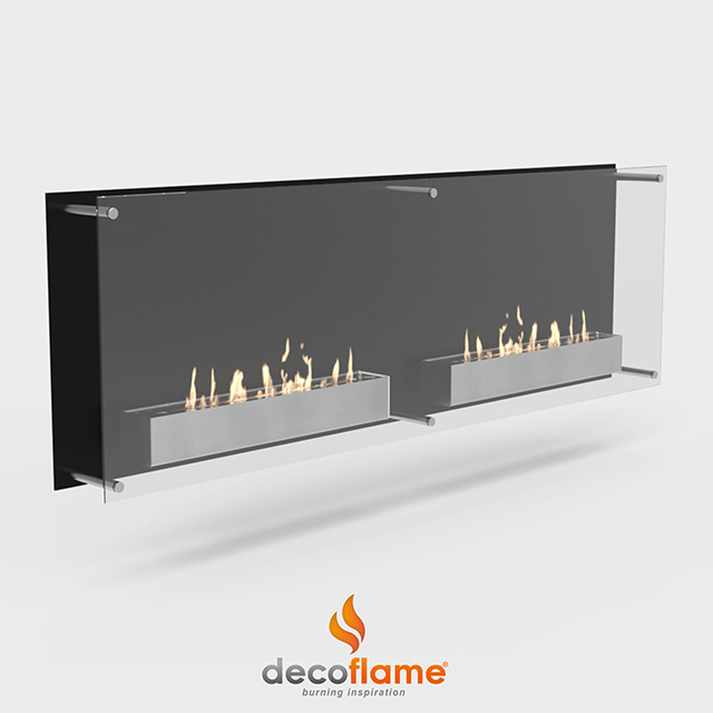 NZ Bioethanol Naked Flame - Black Wall Mounted Rectangular Twin Burner Fireplace With Large Glass Panel